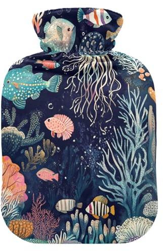 Ocean-Themed Fish Illustration hot Bottle Water Bag with Soft Cover, 2L Warm Water Bottle for Bed for Arthritis, Neck Shoulder Warmer, compresas calientes para el vientre