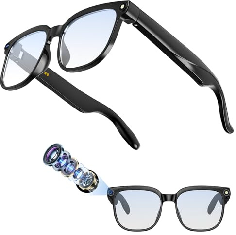 Hwagol AI Smart Glasses 800W-Kamera mit Bildstabilisierung, HD-Auflösung Brille mit Kamera, unterstützt Videoaufzeichnung/Musikwiedergabe/Audioaufzeichnung/Bluetooth-Anrufe/GPT(Blaulichtfilter Gläser)