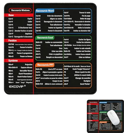 ZWWOGE Tapis de Souris Raccourcis Excel Français 25x30cm Noir, Grand Tapis Clavier Antidérapant avec Bords Cousus, Accessoire Fourniture Pratique pour Bureau PC Portable Tableur Travail