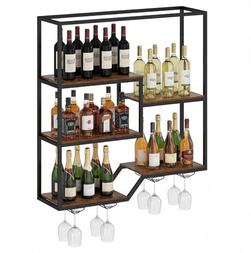 COSTWAY 102 cm Estante de Pared para Vinos, Botellero Colgante de 6 Niveles con Estante para Botellas y Soporte para Copas, Estructura Metálica, Soporte Flotante para Exhibición de Vino, Bar, Comedor