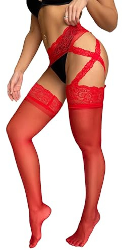 comeondear Collant Ouvert Sexy Femme Grande Taille XS-5XL Bas pour Porte-Jarretelles Transparent Taille Haute Bas Hauts de Cuisse Dentelle Collant Voile Fin Pantyhose Léger Respirant（Élégant Boîte）