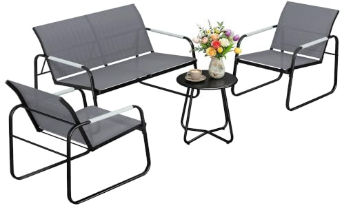 Outsunny Gartenmöbel Set Sitzgruppe für 4 Personen Atmungsaktiv Grau | 2er Sofa, 2 Sessel, Seilflecht, Rund Tisch, Fußpads, Wetterfest, Outdoor Balkonmöbel, Terrassenmöbel, für Garten Balkon
