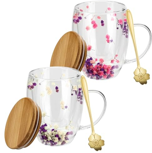 BYZESTY Lot De 2 Tasses À Café À Double Paroi Avec Fleurs Séchées, 350 Ml, Verres À Double Paroi Avec Anse, Pour Thé Et Café