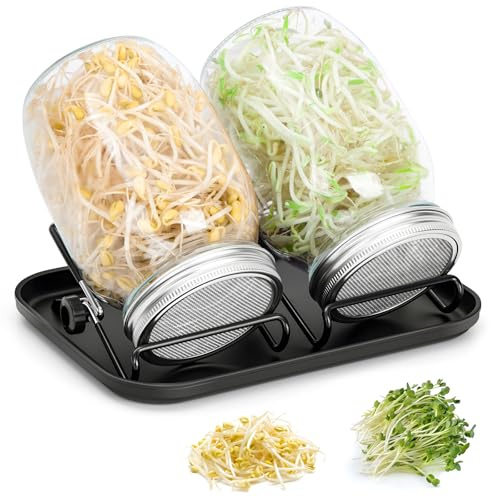 Acrrynii Ribbstursglas groddglas set om 2, 1000 ml grodd glas för groddar, ribbstålar med sillock i rostfritt stål och stativ och svarta skålar, groddar för groddodling och grobarhet av frön
