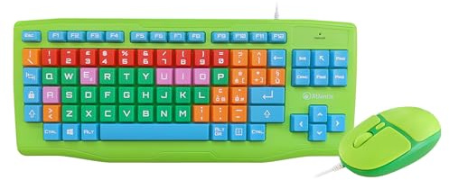 Atlantis Kids Keyboard + Mouse, Kit Tastiera Italiana QWERTY e Mouse USB fino a 1600Dpi con tasti grandi, morbidi, colorati, caratteri ingranditi