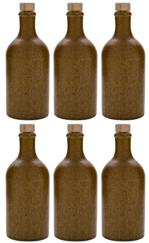 Flaschenland 6 brocche in argilla rustica da 500 ml, resistenti al calore, per aceto, olio, liquori, per gastronomia e casa, bottiglie decorative, made in Germany (marrone, manico in legno)