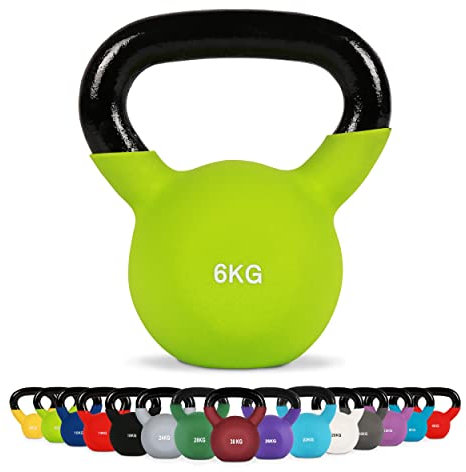 MSPORTS Kettlebell Neopren 2 – 30 kg inkl. Übungsposter (6 Kg - Grün) Kugelhantel