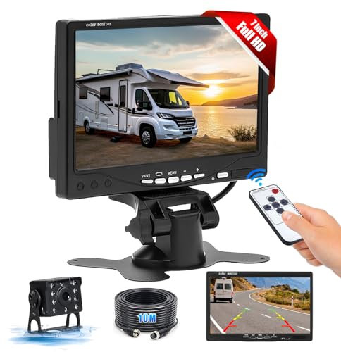 Camecho Rückfahrkamera Kabel Set mit 7 TFT LCD-Monitor, IP68 wasserdichte Nachtsicht 170° Rückfahrkamera verdrahtet System Kit für Bus/Trailer/LKW Van/RV/Camper(12-24 Volt )