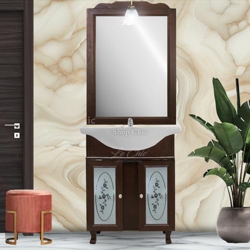 LE CHIC ARREDAMENTI Mobile bagno con lavabo 65 cm, stile classico mobile arredo bagno noce anticato, specchio intagliato, arte povera
