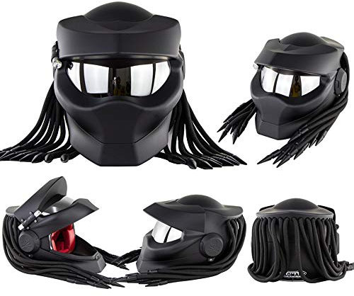 Motorradhelm, Predator Integralhelm Mit LED-Leuchten Und Versilberten Linsen, Unisex ABS-Material Schale EPS-Pufferschicht,Matte Black,XL