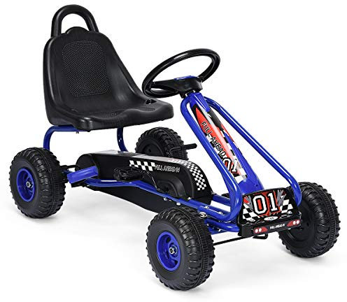 RELAX4LIFE Kinder Gokart mit Handbremse & verstellbarem Sitz, Tretauto mit Pedalen, Tretfahrzeug bis 30 kg belastbar, Kinderfahrzeug vor- & rückwärts fahrbar, Go Cart für Kinder von 3-6 Jahren (Blau)