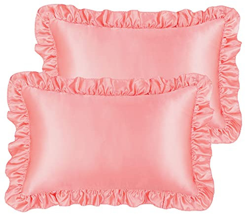 PiccoCasa Kissenbezug Satin Pillowcase 2er Set Kopfkissenbezüge mit rüschen kuschelig Hotelverschluss als Dekokissenbezug für Wohnzimmer Schlafzimmer Sofa Deko Rosa 51x66cm