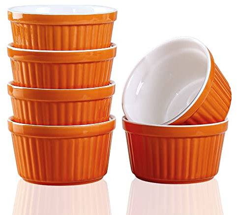 YAZYLIFE Ramekins 6oz Oven Safe,Creme Brulee Ramekin and Souffle Dishes,Porcelain Baking Bowls,Dipping Sauce Dish.Pudding Cups,Set of 6,Orange