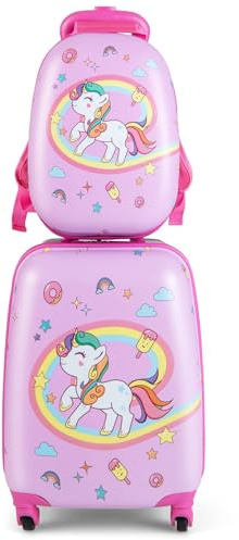 RELAX4LIFE Set Valigia Bambini 2 in 1 Unicorno Arcobaleno Lilla (Trolley16 + Zaino 12) con Ruote 360°, Maniglia Regolabile, Zaino con Piedini | ABS Resistente |Ideale per Viaggi e Scuola