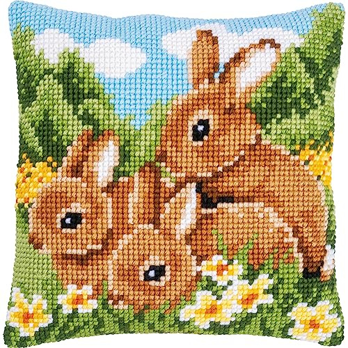 Vervaco Cross Stitch Cushion Kit Rabbits, White, ca. 40 x 40 cm