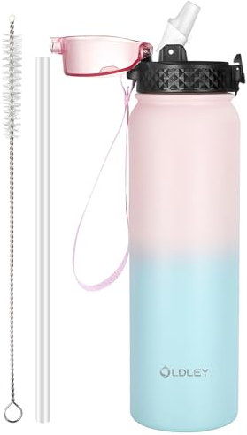 OLDLEY Bouteille d'eau en Acier Inoxydable avec Paille 1L Isotherme Sous Vide Grande gourde en Métal Étanche Garder les Boissons au Chaud et au Froid pour Vélo Camping Sports Gym Adulte Femme Homme