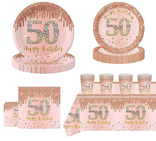 69Pcs Rose Gold 50th Birthday Party Tableware 16 Guests,50th Rose Gold Party Paper Plates Tablecloth Paper Cups and Napkins Tableware Set for Women Her Birthday Gifts Party Supplies Table Decorations