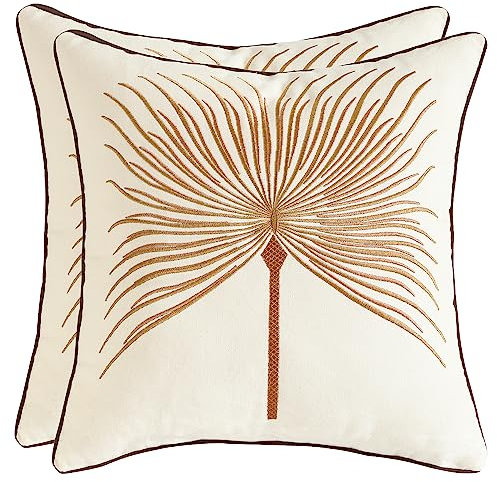 Tosleo Fundas de almohada bordadas de 18 x 18 pulgadas, paquete de 2 fundas de almohada decorativas de hojas marrones, fundas de almohada de algodón para decoración del hogar, funda de almohada