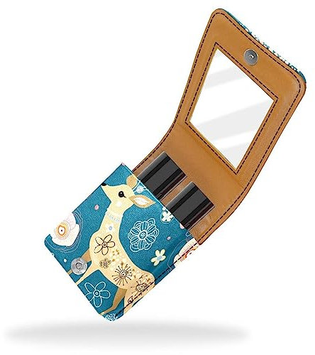 Women’s PU Leather Makeup Lipstick Case, Lipstick Case Holder with Mirror Cute Portable Makeup Travel Cases for Purse Lipstick Holder, Dahlia Elk Bird Cartoon
