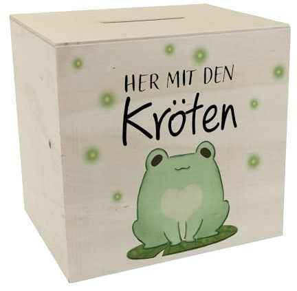 Frosch Spardose aus Holz mit Spruch Her mit den Kröten EIN buntes Sparschwein zum Sparen Teenager süße Kawaii Sparbüchse Kinder Comic Kinderzimmer witziges niedlich Kröte