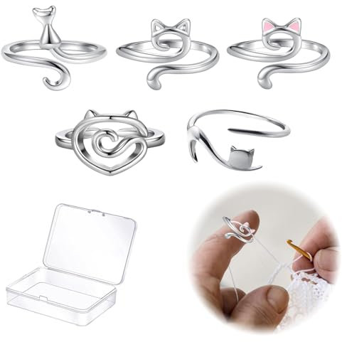Kotkiddy Metall Häkelring 5 Stück Verstellbare Haken Strick Häkelschlaufe Zubehör Crochet Strickfingerhut Fadenführer Ring Fingerhalter DIY Strickhandwerk Katzenohren