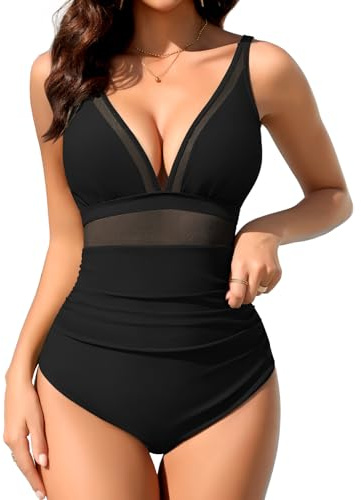 Svanco Maillot de Bain Femme Une Pieces Col en V Profond Gainant Ventre Plat Maillots de Bain Sexy Mesh Taille Haute Push Up Bretelles Ajustables Swimsuit