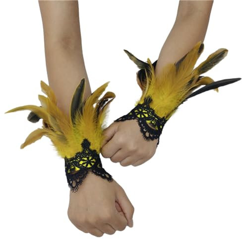 Asudaro Frauen Feder Handgelenk Manschetten, 1pair Floral Lace Armbänder Gothic Mesh Armband Lange Handschuhe Armstulpen Arm Stulpe Handschuhe Armschmuck für Cosplay Halloween Party Kostüm Gelb