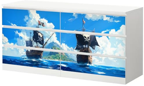 Sunnywall® Möbelfolie passend für IKEA Malm Kommode Schrankfolie Aufkleber mit Piraten Schiff Motiv | blasenfrei verkleben | Kinderzimmer 6er 160 cm