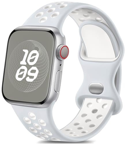 Epova Sport Armband Kompatibel mit Apple Watch Armband 42mm 44mm 45mm 46mm 49mm, Atmungsaktives Weiches Silikon Armband Kompatibel mit iWatch SE Series 10 9 8 7 6 5 4 3 Ultra,Beige/Weiß