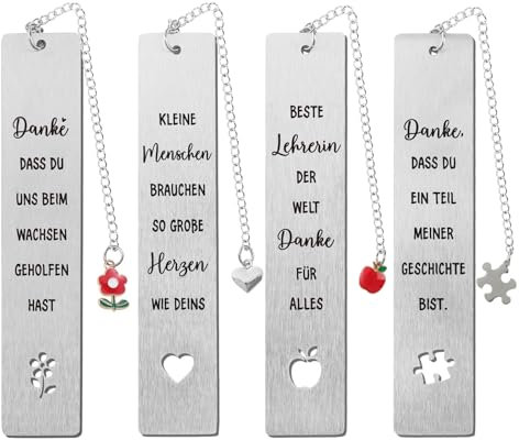 BETESSIN Abschiedsgeschenke Lehrerin - 4 Stück Lesezeichen mit Verschiedenen Dankesworten - Metall Lesezeichen mit Umschlägen - Danke Geschenke für Lehrerin zum Abschied und zur Weihnachten