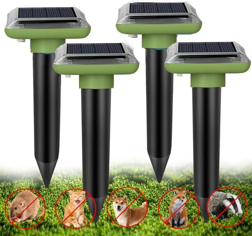 WUGEIN 4 unidades de ahuyentador solar contra topos con motor de vibración, funciona con energía solar, IP66, resistente al agua, ahuyentador de topos de 400 – 1000 Hz para aprox. 700 m², contra