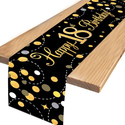 YRsorn 18 Geburtstag Deko Tischläufer Geburtstag - Geburtstagsdeko Schwarz Gold, Tischdeko Geburtstag, Happy Birthday Tischläufer für Deko 18. Geburtstag Junge Mädchen Party Geburtstagsdeko, 35x180cm