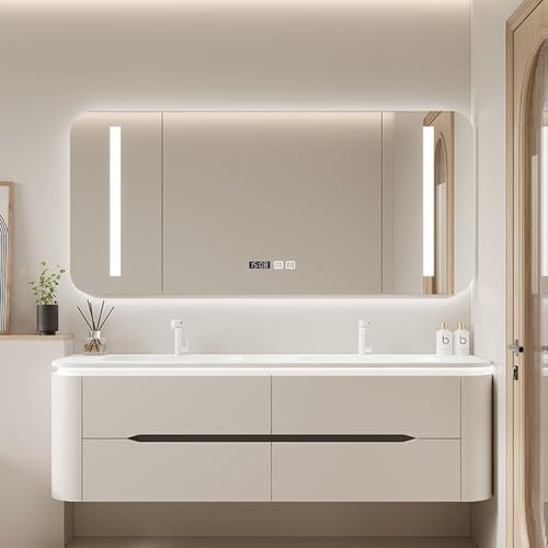 Moderno tocador de baño con doble lavabo con espejo LED inteligente y amplio espacio de almacenamiento, gran tocador flotante de madera maciza para baño, 160 cm