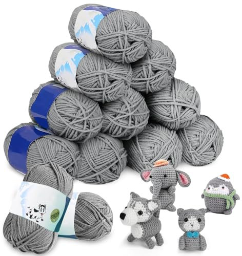 MeYuxg Häkelgarn,12 x 50g Textilgarn zum Häkeln,Weich Babywolle zum Stricken Weich, Textilgarn Häkeln für Anfänger, Häkelwolle Baumwolle zum Häkeln von Handarbeiten, Taschen und Puppen(Grau)