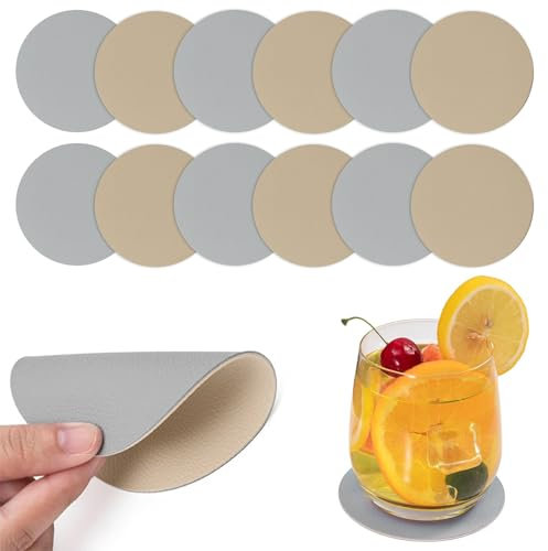 Untersetzer Gläser 12er Set, Doppelseitigen Untersetzer, Getränkeuntersetzer Untersetzer, Leder Untersetzer Gläser, rutschfest & Abwaschbar Untersetzer für Glas-Kaffeetassen & Becher (10CM)