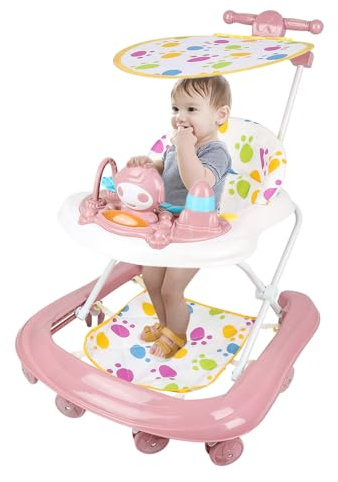 Deambulatore per bambini evolutivo – Deambulatore pieghevole con regolazione a 5 velocità, rotazione a 360 gradi, piatto da cena rimovibile (62 x 68 x 36 – 81 cm), rosa