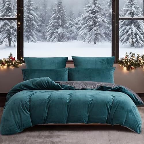 YASMENG Housse de Couette Flanelle 200x200 Hiver Chaude Pétrole Gris | Polaire Parure de Lit Flanelle Doux Douillet Duveteux Linge de Lit 2 Personne avec Fermeture Éclair et Taies d'oreiller 65x65