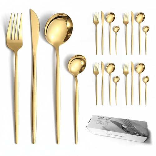 Cutlery Set for 5 ，20-Piece Stainless Steel Knifes and Forks Spoons Coffee Spoons Sets ，Gold Flatware Set ，Dishwasher Safe Mirror-Polished Suitable for Homes, Restaurants, Hotels (Light Gold)
