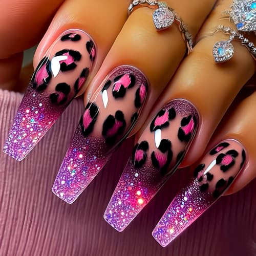 Ceboic 24Pcs Coffin Press on Nails Extra Long, Purple Leopard Print French False Nails, Ballerina Glitter Fake Nail Set, Gradient Reusable Acrylic Glue on Nails for Women Girls DIY Manicure