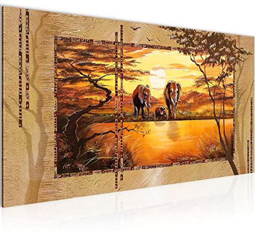 Runa Art Wandbild Afrika Elefant 1 Teilig 100 x 40 cm Modern Bild auf Vlies Leinwand Savanne Wohnzimmer Schlafzimmer Beige Braun 001712a