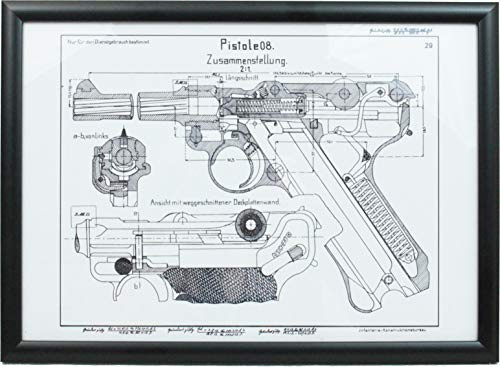 Epic Militaria German Luger P08 Pistole Gerahmter Blueprint Antik Weißer Hintergrund