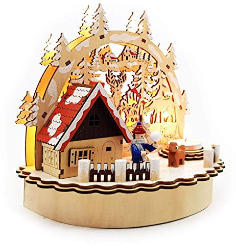 Räucherhaus mit Teelichthalter und LED Beleuchtung Winterkind Mini Schwibbogen Weihnachten