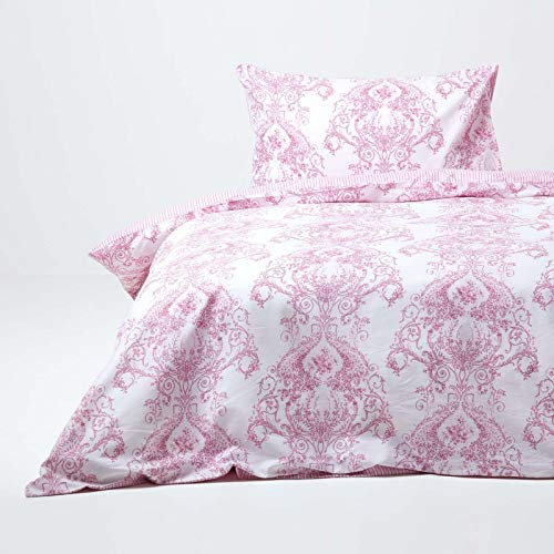 Homescapes rosa Bettwäsche-Set im Toile-de-Jouy Design, Baumwollmischung, Bettbezug 135 x 200 cm und Kissenbezug 48 x 74 cm mit Blumenmuster und Streifen, praktische Wendebettwäsche in Hellrosa