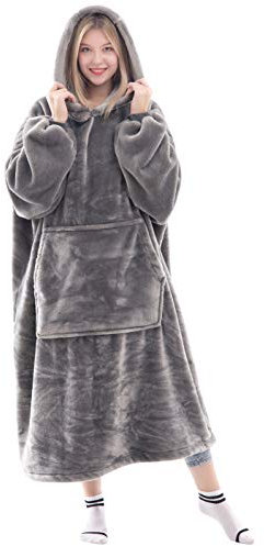 Waitu Tragbare Decke Sweatshirt für Damen und Herren, super warm und gemütlich, große Decke, Hoodie, Dicke Flanelldecke mit Ärmeln und riesiger Tasche – Grau