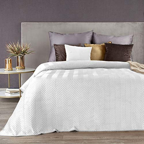 Eurofirany Tagesdecke Sesseldecke Sofadecke Velvet Samt Steppdecke für Wohnzimmer und Schlafzimmer (Sofia Weiß, 220 x 240 cm)