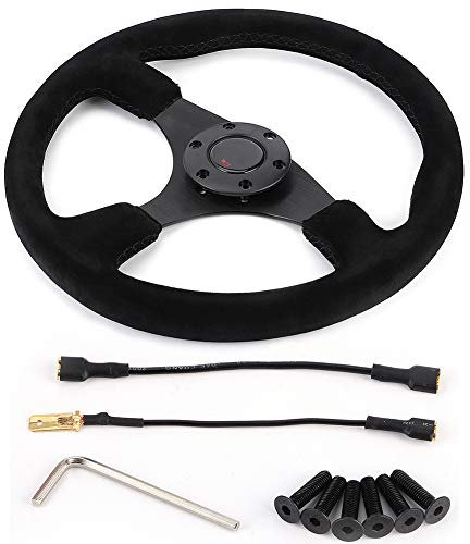 Volant de course 14in / 350mm pour 6 trous en daim noir surpiqûres noires avec bouton en corne