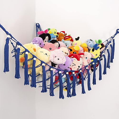 Stuffed Animal Toy Hammock Hanging-Handmade Large Blue Macrame Organizer Display Corner Plush Toys Net Holder for Boho Nursery Playroom Bedroom Kids Room