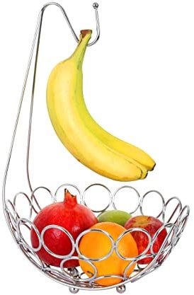 Royal Cuisine Fruit Basket with Banana Hanger/Hook Chrome Wire Modern/Elegant Vegetable Storage Bowl Fixed Holder Stand Home furnishings, Silver