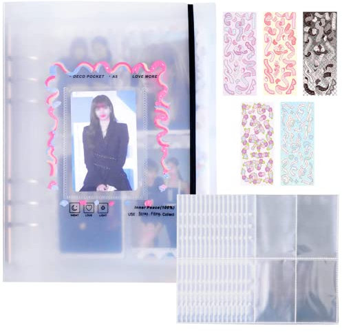 A5 Binder Fotokartenalbum, Fotoalbum-Halter, 6 LöcherRingbuchhülle + 25 Blätter 4 Fächer Fotosichthüllen, Gefrostetes Bindealbum mit 5 Aufklebern (Transparent)