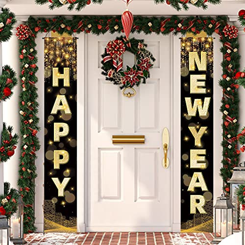 Labeol Happy New Year Banner, 183,9 x 30,5 cm großes Neujahrsschild für die Haustür Veranda Schild Hängendes Banner Dekorationen Silvester Party Supplies 2024, Happy New Year Dekorationen für Outdoor